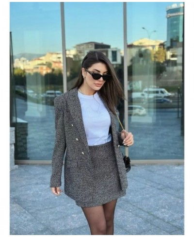 Spring and Autumn Women's Black Textured Plaid Double-breasted Blazer High-waisted Half-body Skirt Suit Commuter Style $68.37...