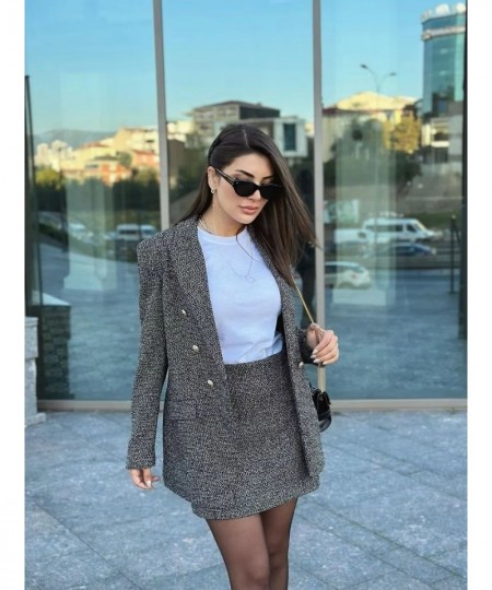 Spring and Autumn Women's Black Textured Plaid Double-breasted Blazer High-waisted Half-body Skirt Suit Commuter Style $68.37...