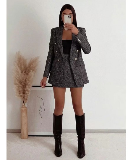 Spring and Autumn Women's Black Textured Plaid Double-breasted Blazer High-waisted Half-body Skirt Suit Commuter Style $68.37...