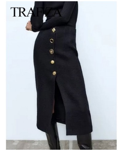 Women's Solid Color Retro Textured Skirts Fashion Metal Buttons Front Slit High Waist Back Zipper Midi Straight Skirt $47.58 ...