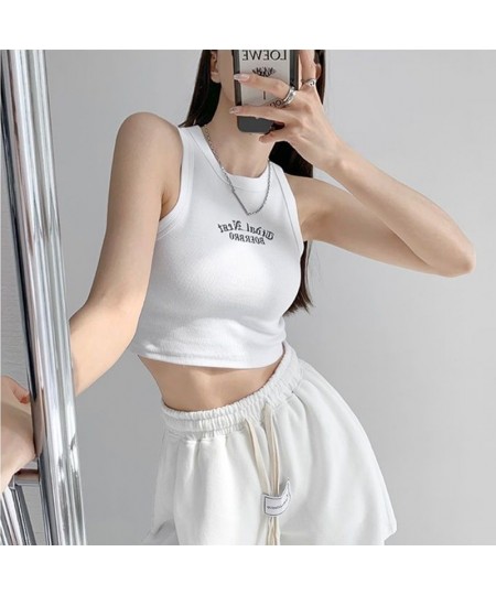 Women's Tank Top Ribbed Knitted Embroidery Letter Vest Female Summer Clothing Crop top White Black Casual Short Tight Sport $...