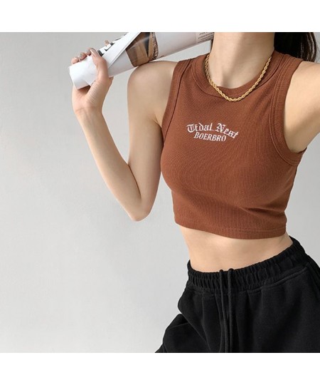 Women's Tank Top Ribbed Knitted Embroidery Letter Vest Female Summer Clothing Crop top White Black Casual Short Tight Sport $...