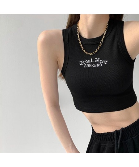 Women's Tank Top Ribbed Knitted Embroidery Letter Vest Female Summer Clothing Crop top White Black Casual Short Tight Sport $...