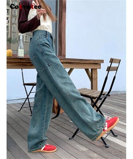 Blue Jeans for Women 2023 New Fashion Vintage Spliced High Waisted Jeans Streetwear Wide Leg Jeans Full Length Pants $63.54 -...