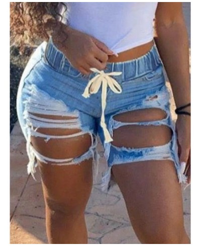 Plus Size Ripped Drawstring Denim Shorts Casual Solid Color Daily Stretchy Holes Summer Jeans $40.34 - Plus Size Clothes