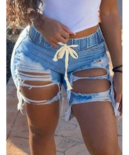 Plus Size Ripped Drawstring Denim Shorts Casual Solid Color Daily Stretchy Holes Summer Jeans $40.34 - Plus Size Clothes