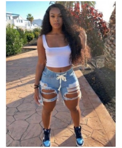 Plus Size Ripped Drawstring Denim Shorts Casual Solid Color Daily Stretchy Holes Summer Jeans $40.34 - Plus Size Clothes