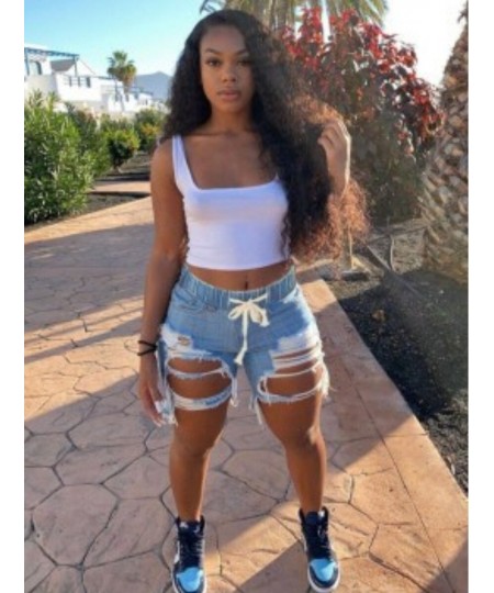 Plus Size Ripped Drawstring Denim Shorts Casual Solid Color Daily Stretchy Holes Summer Jeans $40.34 - Plus Size Clothes