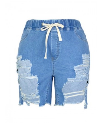 Plus Size Ripped Drawstring Denim Shorts Casual Solid Color Daily Stretchy Holes Summer Jeans $40.34 - Plus Size Clothes