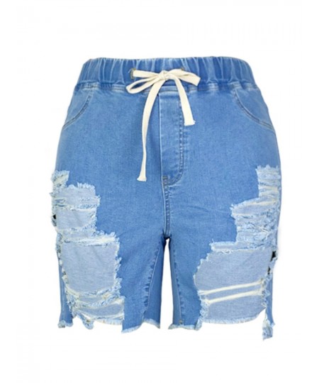 Plus Size Ripped Drawstring Denim Shorts Casual Solid Color Daily Stretchy Holes Summer Jeans $40.34 - Plus Size Clothes