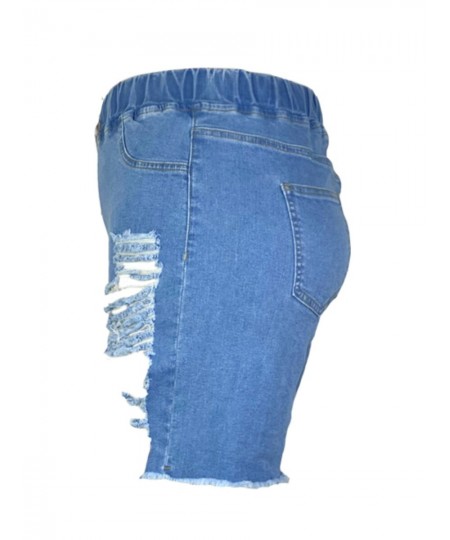 Plus Size Ripped Drawstring Denim Shorts Casual Solid Color Daily Stretchy Holes Summer Jeans $40.34 - Plus Size Clothes