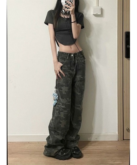 Camouflage Green Cargo Pants Women Y2K Hippie Low Rise Jeans Retro Streetwear Harajuku Army Wide Leg Denim Trousers $44.45 - ...