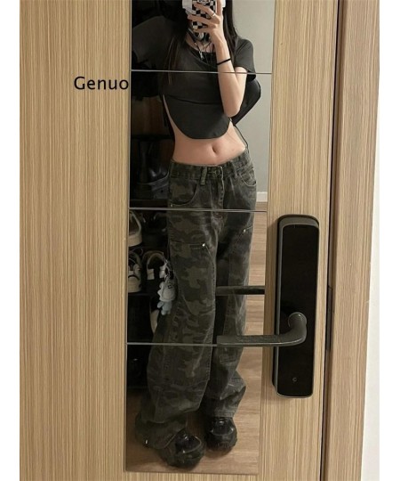 Camouflage Green Cargo Pants Women Y2K Hippie Low Rise Jeans Retro Streetwear Harajuku Army Wide Leg Denim Trousers $44.45 - ...