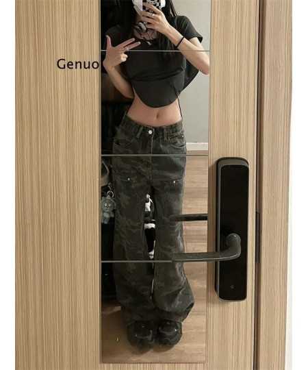 Camouflage Green Cargo Pants Women Y2K Hippie Low Rise Jeans Retro Streetwear Harajuku Army Wide Leg Denim Trousers $44.45 - ...