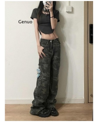 Camouflage Green Cargo Pants Women Y2K Hippie Low Rise Jeans Retro Streetwear Harajuku Army Wide Leg Denim Trousers $44.45 - ...