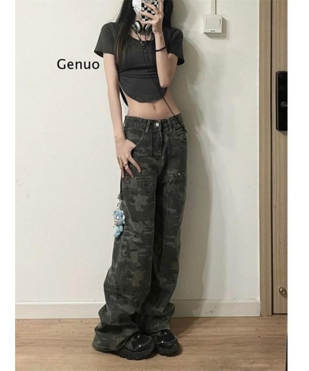 Camouflage Green Cargo Pants Women Y2K Hippie Low Rise Jeans Retro Streetwear Harajuku Army Wide Leg Denim Trousers $44.45 - ...