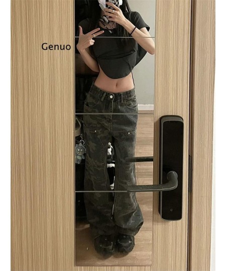 Camouflage Green Cargo Pants Women Y2K Hippie Low Rise Jeans Retro Streetwear Harajuku Army Wide Leg Denim Trousers $44.45 - ...