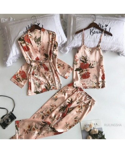 Summer Silk 3 pieces Robe Sets Women Satin Flower Print Kimono Lingerie Plus Size Sexy Nightgowns Sleepshirts Sleep Dressing ...