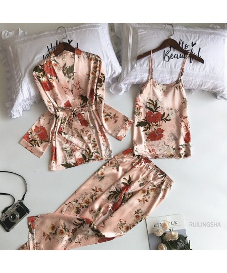 Summer Silk 3 pieces Robe Sets Women Satin Flower Print Kimono Lingerie Plus Size Sexy Nightgowns Sleepshirts Sleep Dressing ...