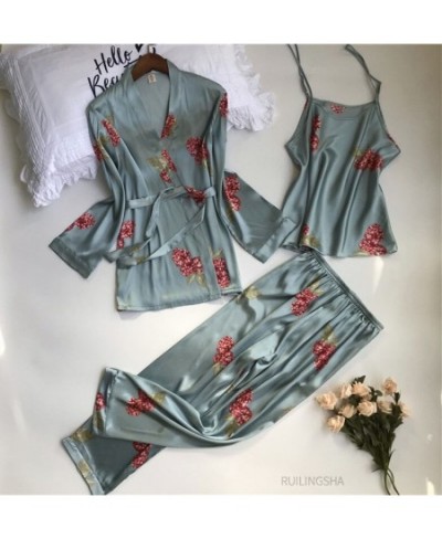 Summer Silk 3 pieces Robe Sets Women Satin Flower Print Kimono Lingerie Plus Size Sexy Nightgowns Sleepshirts Sleep Dressing ...