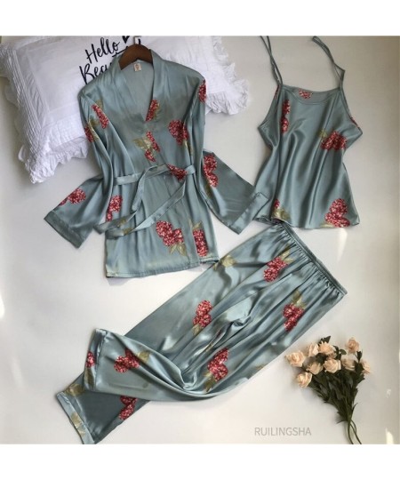 Summer Silk 3 pieces Robe Sets Women Satin Flower Print Kimono Lingerie Plus Size Sexy Nightgowns Sleepshirts Sleep Dressing ...