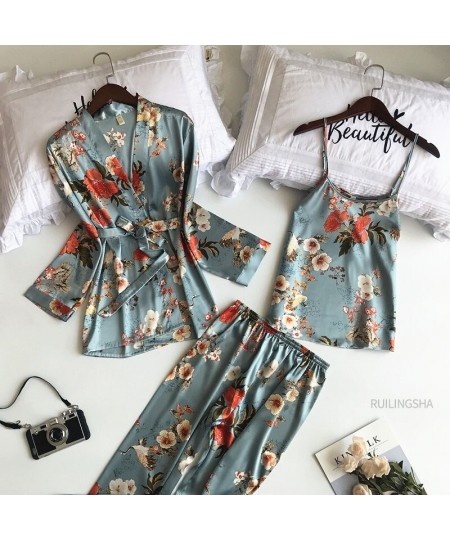 Summer Silk 3 pieces Robe Sets Women Satin Flower Print Kimono Lingerie Plus Size Sexy Nightgowns Sleepshirts Sleep Dressing ...