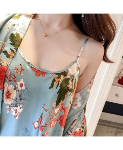 Summer Silk 3 pieces Robe Sets Women Satin Flower Print Kimono Lingerie Plus Size Sexy Nightgowns Sleepshirts Sleep Dressing ...