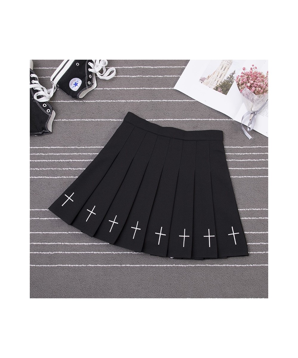 Women Harajuku Sweet Fresh Feeling High Waist Pleated Skirt Elastic Waist Cross Embroidery Skirt Pleated Skirt $34.09 - Skirts