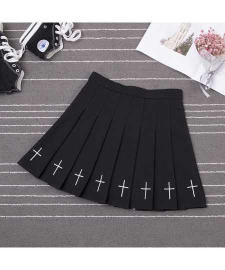 Women Harajuku Sweet Fresh Feeling High Waist Pleated Skirt Elastic Waist Cross Embroidery Skirt Pleated Skirt $34.09 - Skirts