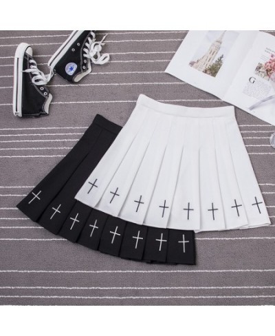 Women Harajuku Sweet Fresh Feeling High Waist Pleated Skirt Elastic Waist Cross Embroidery Skirt Pleated Skirt $34.09 - Skirts