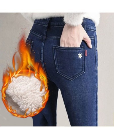 Winter 34 Oversized Warm Jeans Women Blue Slim Super Thick Cashmere Denim Pants Classic High Waist Fleece Pencil Vaqueros $53...