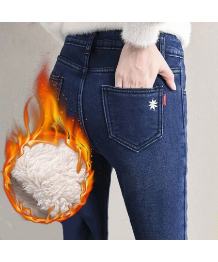 Winter 34 Oversized Warm Jeans Women Blue Slim Super Thick Cashmere Denim Pants Classic High Waist Fleece Pencil Vaqueros $53...