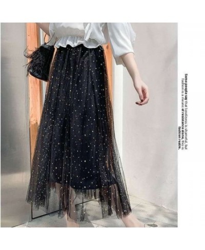 Elegant Long Mesh Skirt Women Korean Fashion Sequined Star Summer Ladies Tulle Skirts Pleated Elastic High Waist Party White ...