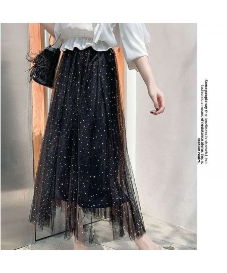 Elegant Long Mesh Skirt Women Korean Fashion Sequined Star Summer Ladies Tulle Skirts Pleated Elastic High Waist Party White ...