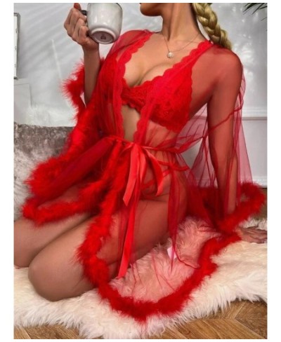 Contrast Fur Sheer Belted Sleep Robe $41.78 - Underwear