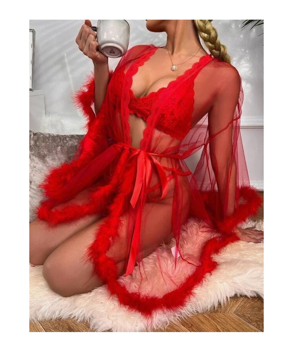 Contrast Fur Sheer Belted Sleep Robe $41.78 - Underwear