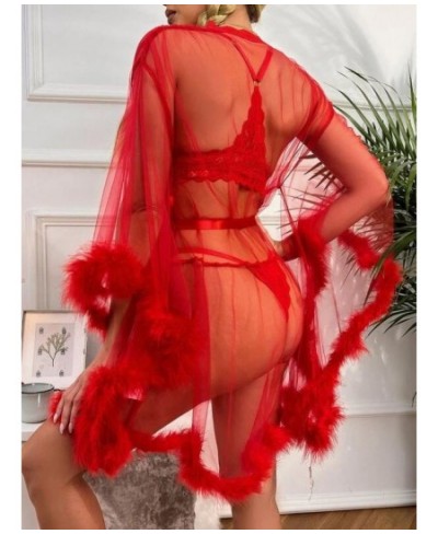 Contrast Fur Sheer Belted Sleep Robe $41.78 - Underwear