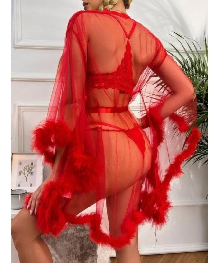 Contrast Fur Sheer Belted Sleep Robe $41.78 - Underwear