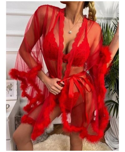 Contrast Fur Sheer Belted Sleep Robe $41.78 - Underwear