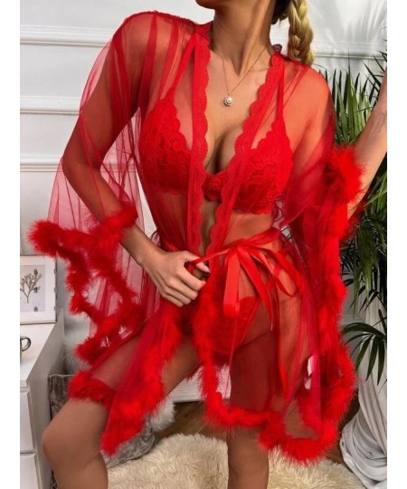 Contrast Fur Sheer Belted Sleep Robe $41.78 - Underwear