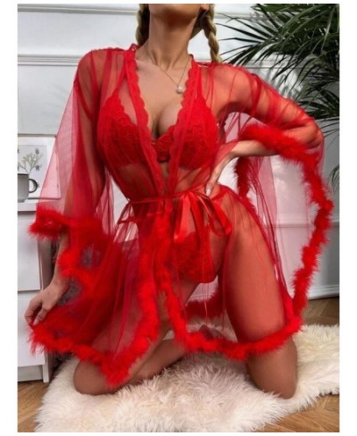 Contrast Fur Sheer Belted Sleep Robe $41.78 - Underwear