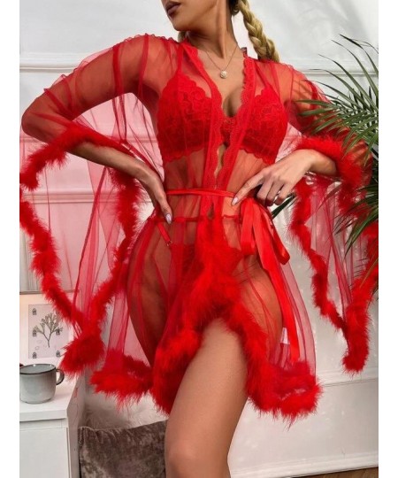 Contrast Fur Sheer Belted Sleep Robe $41.78 - Underwear