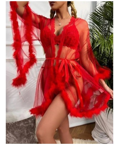 Contrast Fur Sheer Belted Sleep Robe $41.78 - Underwear