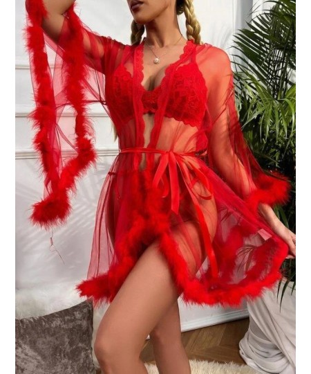 Contrast Fur Sheer Belted Sleep Robe $41.78 - Underwear