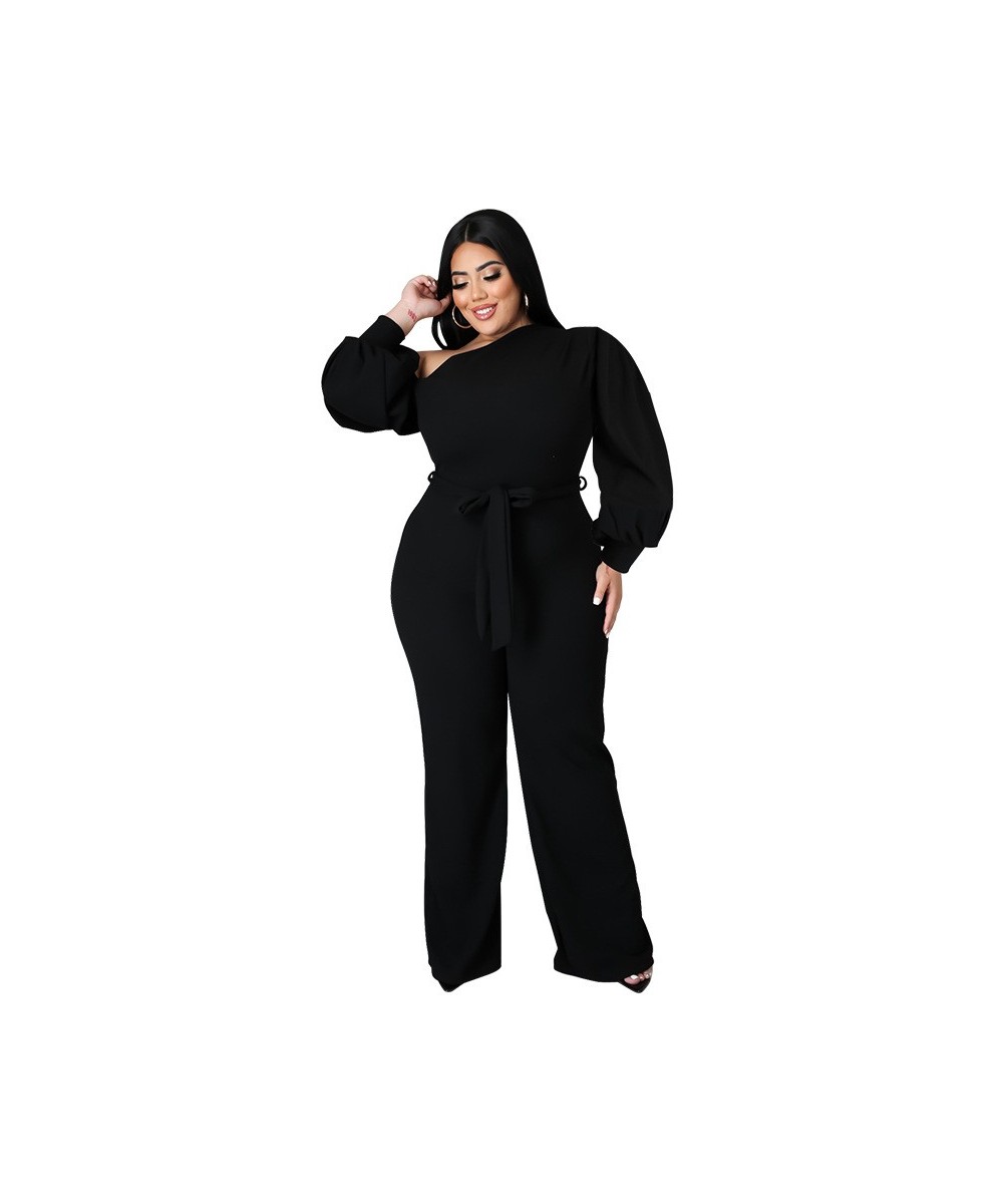 Plus Size Jumpsuit Women with Sashes Sexy Salsh Neck Solid Color Chic Lantern Sleeve Ladies Long Rompers Wholesale $47.45 - P...