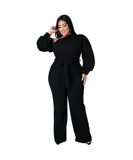 Plus Size Jumpsuit Women with Sashes Sexy Salsh Neck Solid Color Chic Lantern Sleeve Ladies Long Rompers Wholesale $47.45 - P...