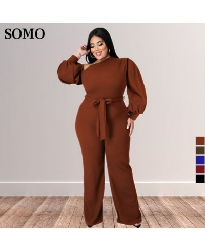 Plus Size Jumpsuit Women with Sashes Sexy Salsh Neck Solid Color Chic Lantern Sleeve Ladies Long Rompers Wholesale $47.45 - P...