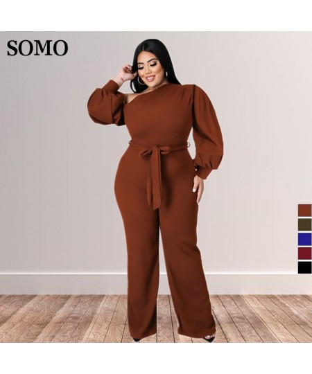 Plus Size Jumpsuit Women with Sashes Sexy Salsh Neck Solid Color Chic Lantern Sleeve Ladies Long Rompers Wholesale $47.45 - P...