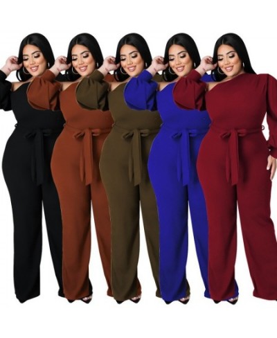 Plus Size Jumpsuit Women with Sashes Sexy Salsh Neck Solid Color Chic Lantern Sleeve Ladies Long Rompers Wholesale $47.45 - P...