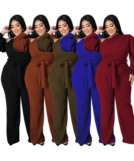 Plus Size Jumpsuit Women with Sashes Sexy Salsh Neck Solid Color Chic Lantern Sleeve Ladies Long Rompers Wholesale $47.45 - P...